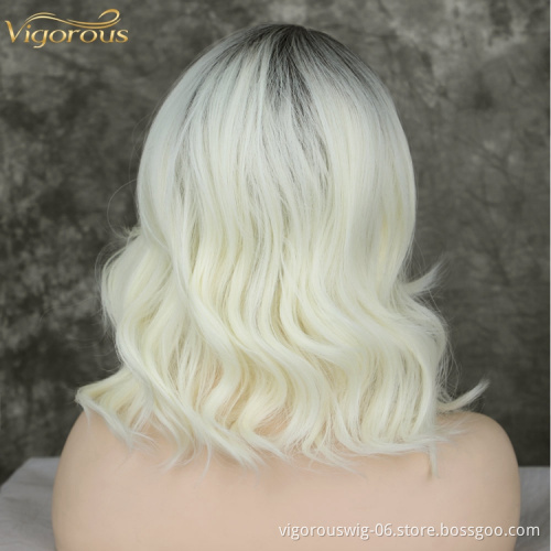 Lace Frontal Wholesale Cheap Women Wig Heat Resistant Fiber Short Wavy Root Black Ombre Gold Color Bob Synthetic Hair wigs